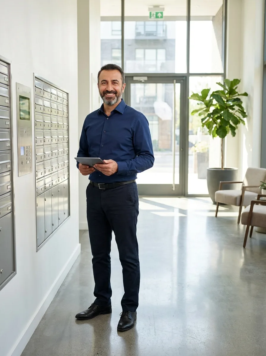 Sistem Yönetim'in bina yöneticisi, modern bir apartmanın bakımlı giriş holünde tablet ile